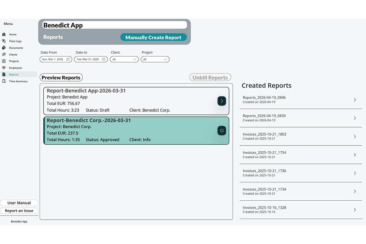 Reports screen with filters, report previews, and a list of previously created reports