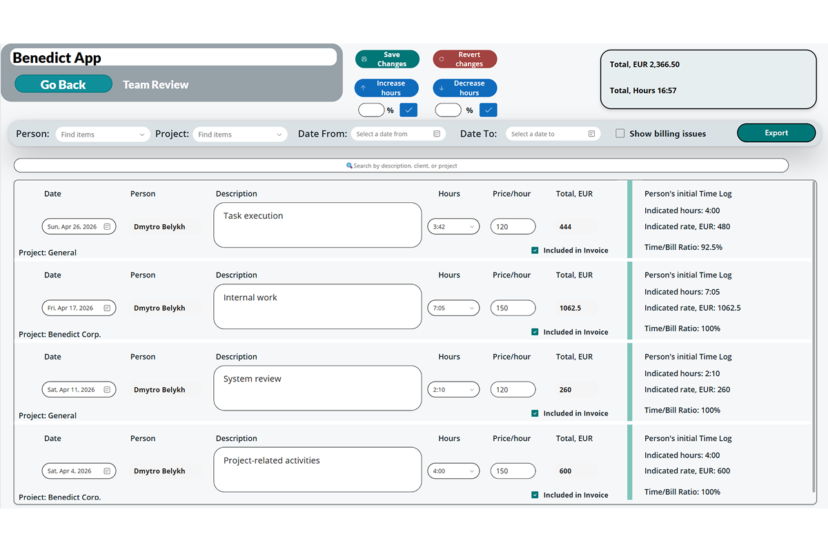 Team Review screen showing time entries with hours, rate, total, and billing status per entry