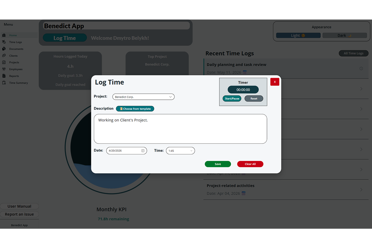 Log Time modal with project, description, timer, date, and time fields