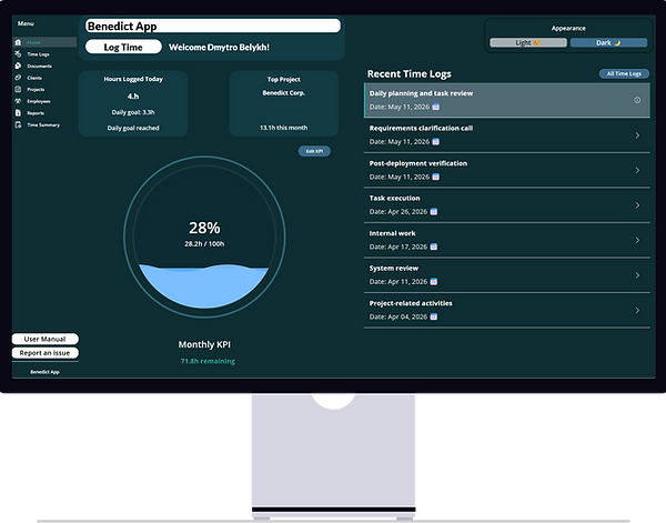Benedict App home dashboard showing hours logged today, monthly KPI progress, and recent time logs