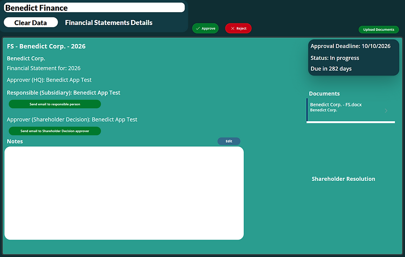 Financial Statement details page with approve and reject actions