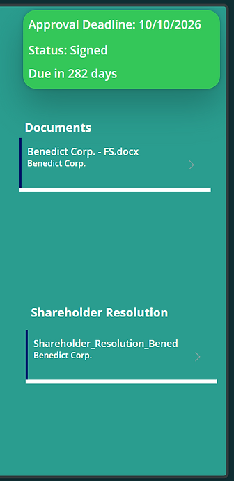 Mobile view of shareholder resolution documents in Benedict Finance