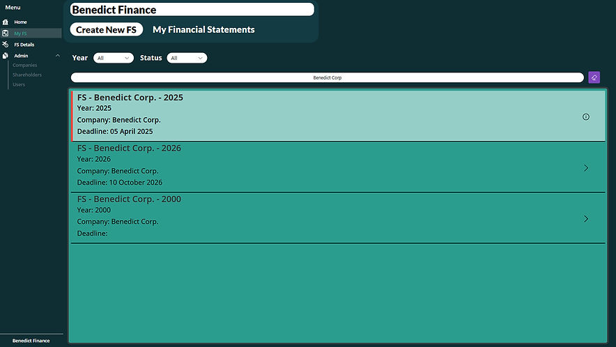 My Financial Statements list view in Benedict Finance