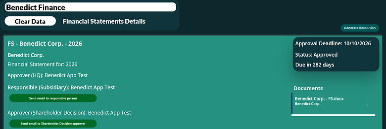 Approved financial statement with the Generate Resolution action