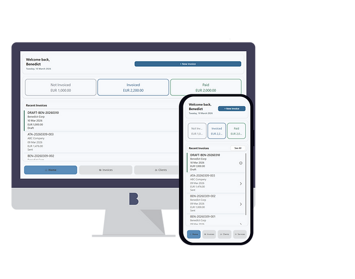 Benedict Invoice dashboard shown on desktop and mobile, with invoice totals and recent invoices