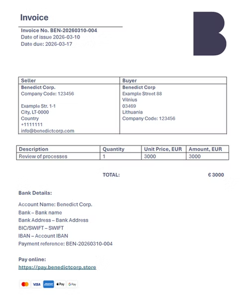 Sample PDF invoice with an online payment link and accepted card options