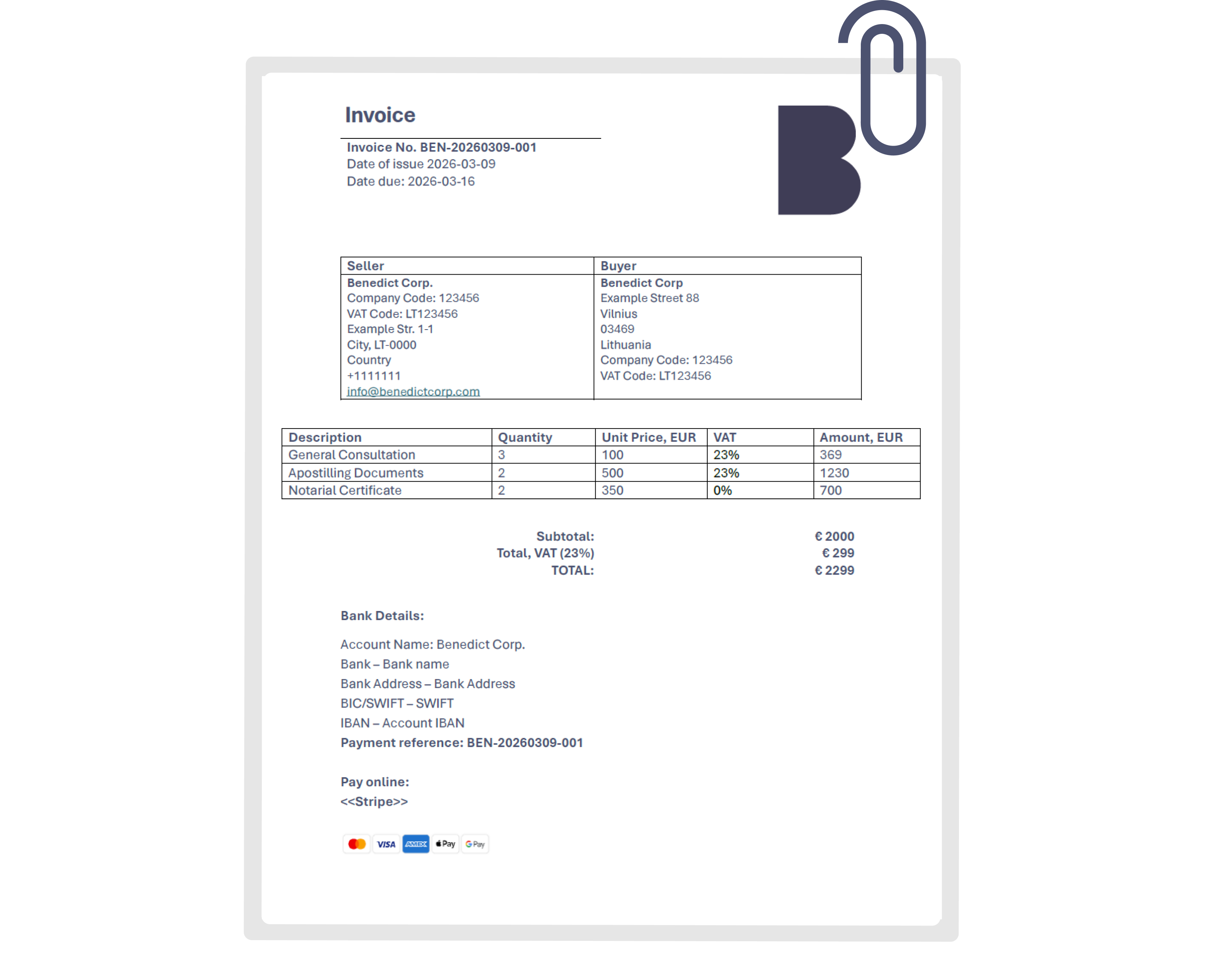 Sample PDF invoice with itemized services and automatic VAT calculation