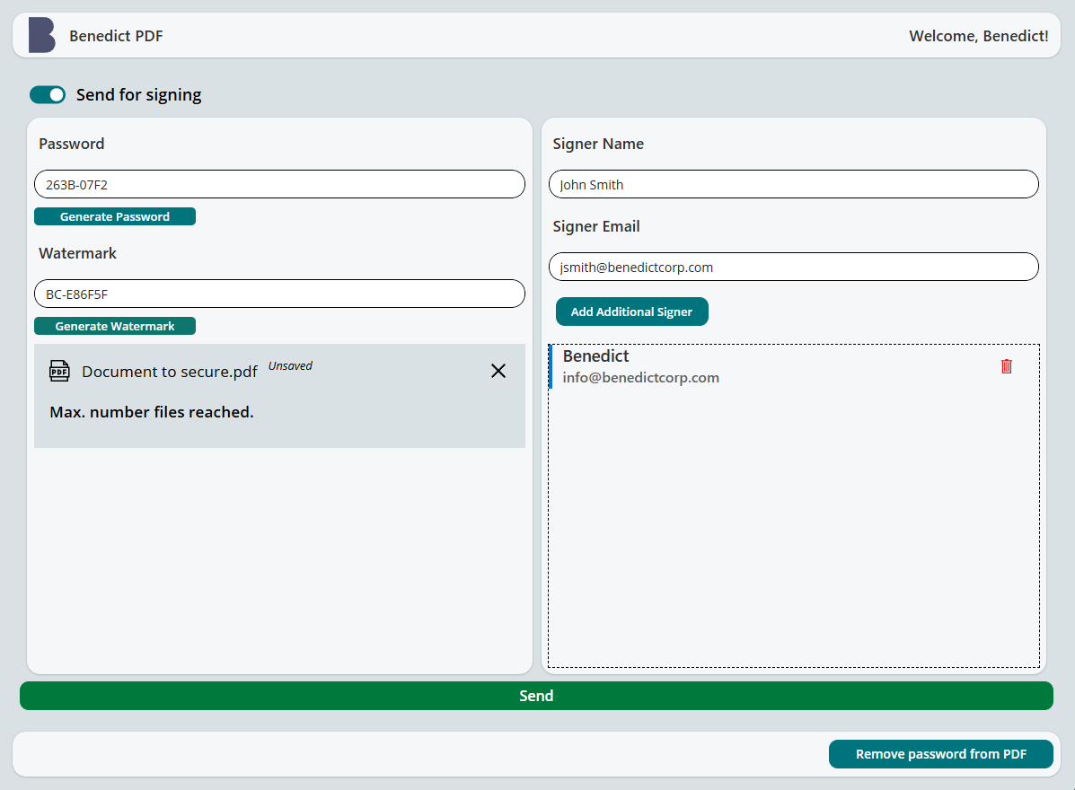 Benedict PDF's sample Power App, with watermark, password, and e-signature fields