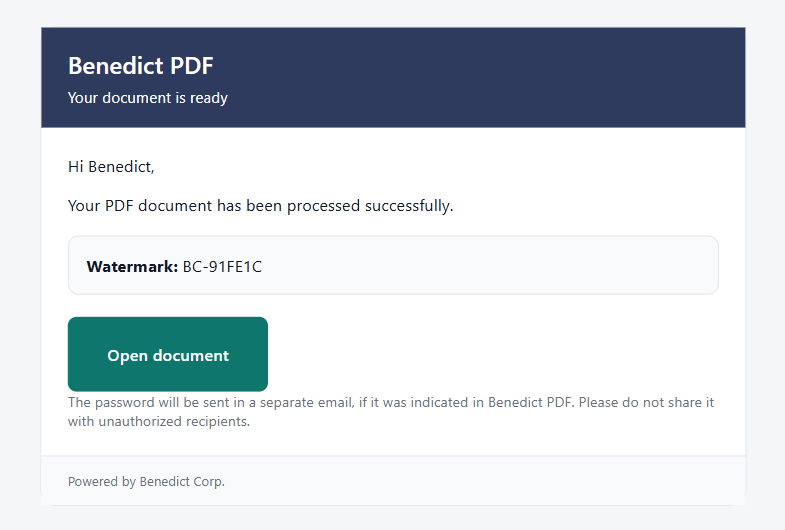 Email notification confirming a PDF was processed and watermarked, with a link to open it
