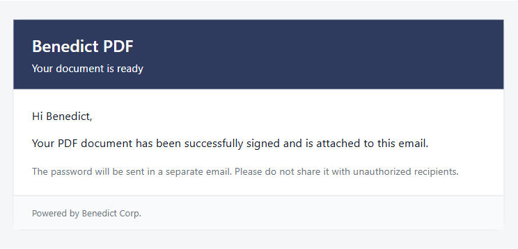 Email notification confirming a PDF was successfully signed and attached
